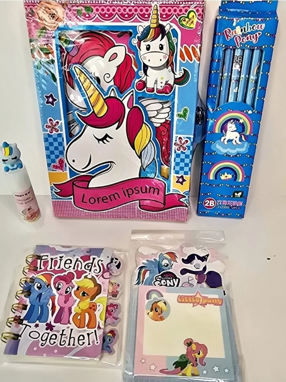 Unicorn & Rainbow Pony Stationery Set ,Journal, Pencils, Sticky Notes & Glue